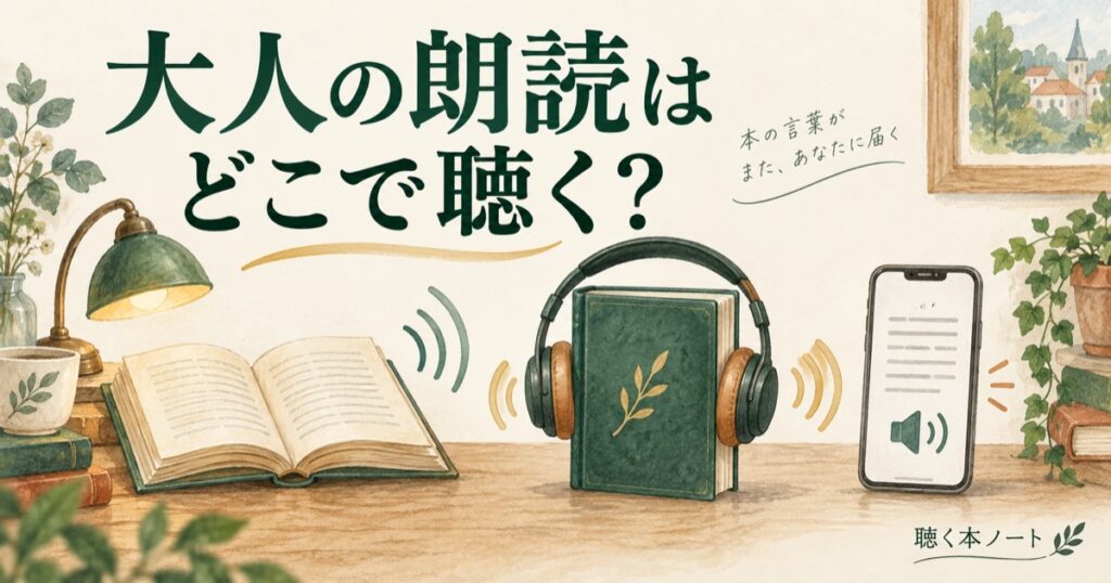 大人が朗読を聴く3つの入口として古典の本、ヘッドホン付きの本、画面の読み上げを並べたイラスト