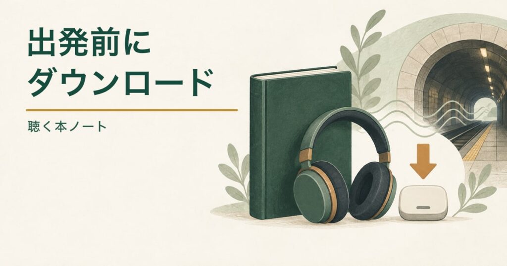 無地の本とヘッドホンを端末へ保存し、トンネルの先で聴く流れを表したイラスト