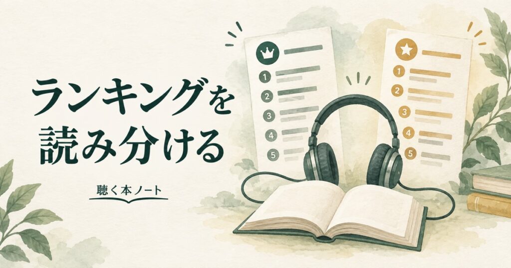 二つのランキング表と本、ヘッドホンを見比べてAudibleランキングを読み分ける様子を表したイラスト
