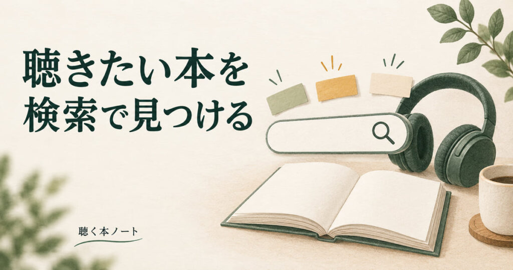 検索窓と本、ヘッドホンでAudibleの作品検索を表したイラスト