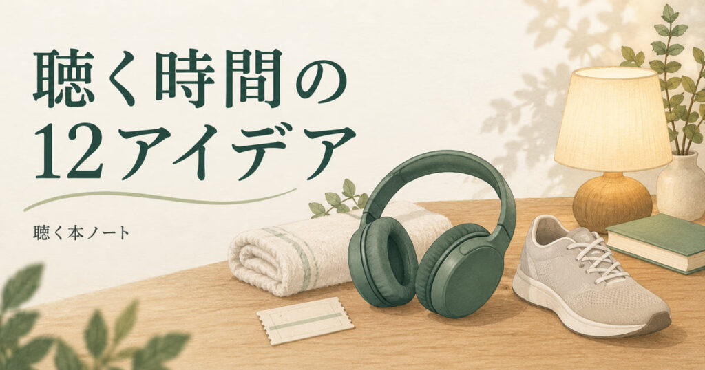 ヘッドホンと日用品でAudibleを聴く12の場面を表したイラスト