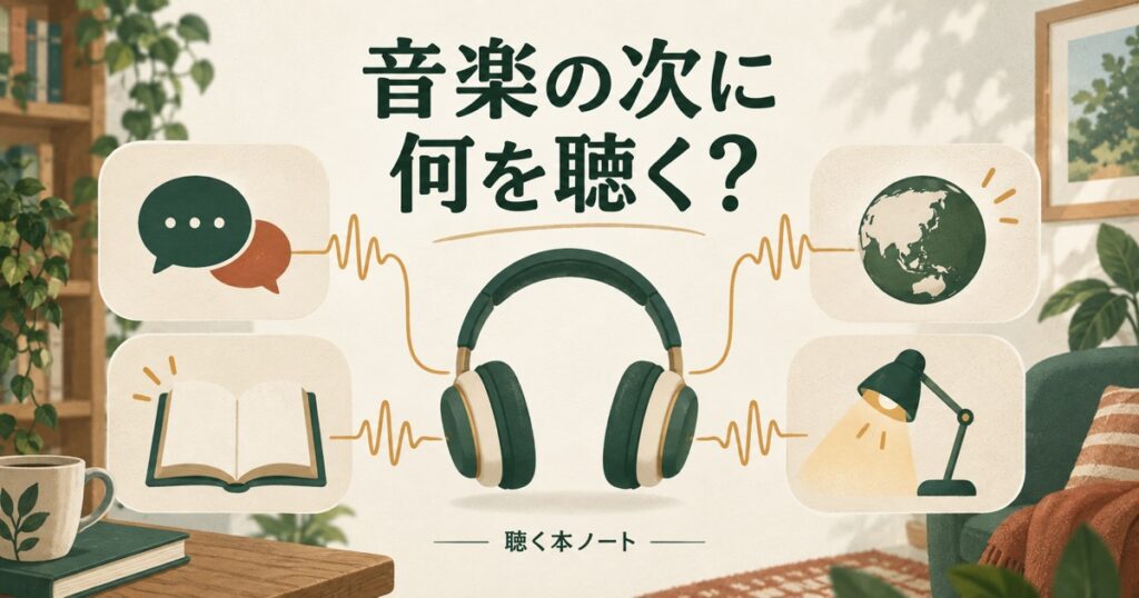 音楽以外の会話や物語や学びを4つの音声の道として表したイラスト