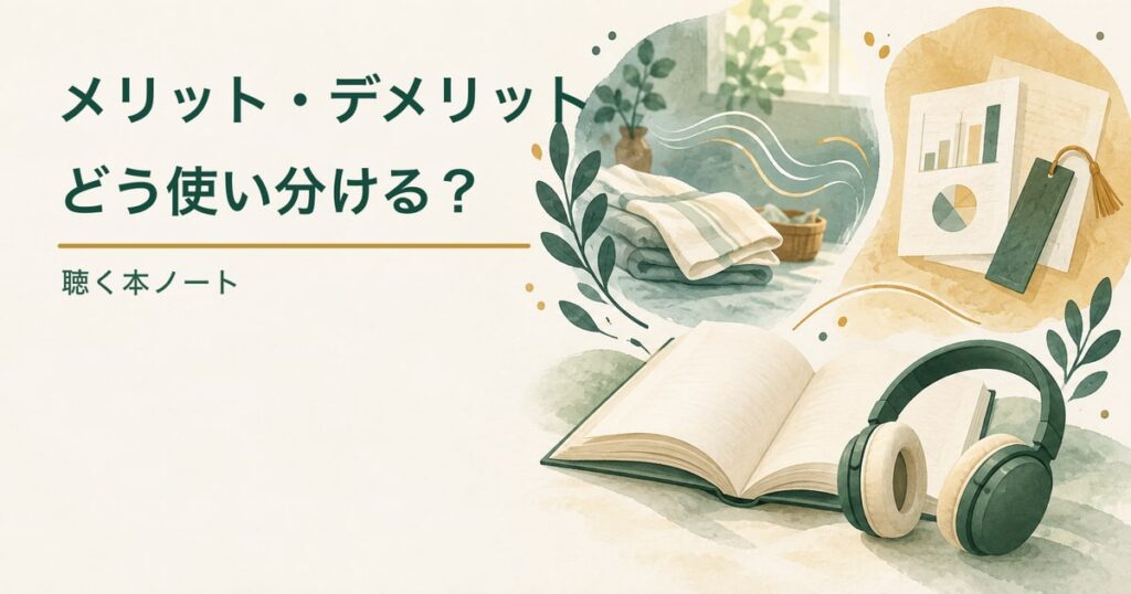 本とヘッドホンを中心に両手が空く利点と図表を見づらい注意点を左右で比べたイラスト