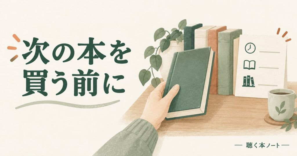 本を買う前に開く場面と読みたい箇所と手元の本を確かめる様子を描いたイラスト