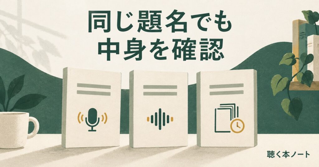 同じ題名の3冊と声や時間を表す記号を描いた、オーディオブックの版の見分け方の記事のアイキャッチ