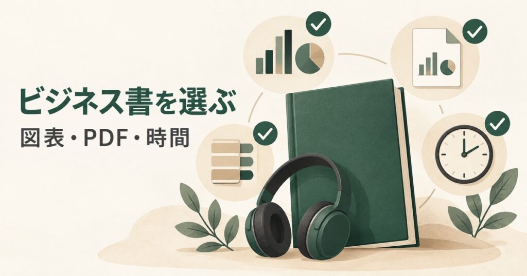 ビジネス書の音声版を図表、付属PDF、章、再生時間の四つの項目で確認する様子を表したイラスト