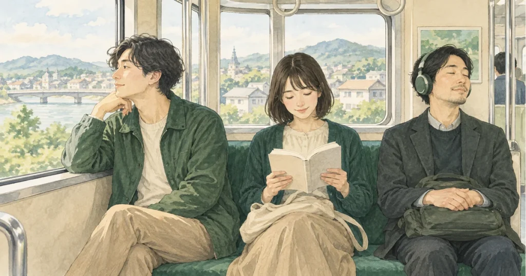 電車で景色を眺める人、本を読む人、音声を聴く人を描いたイラスト