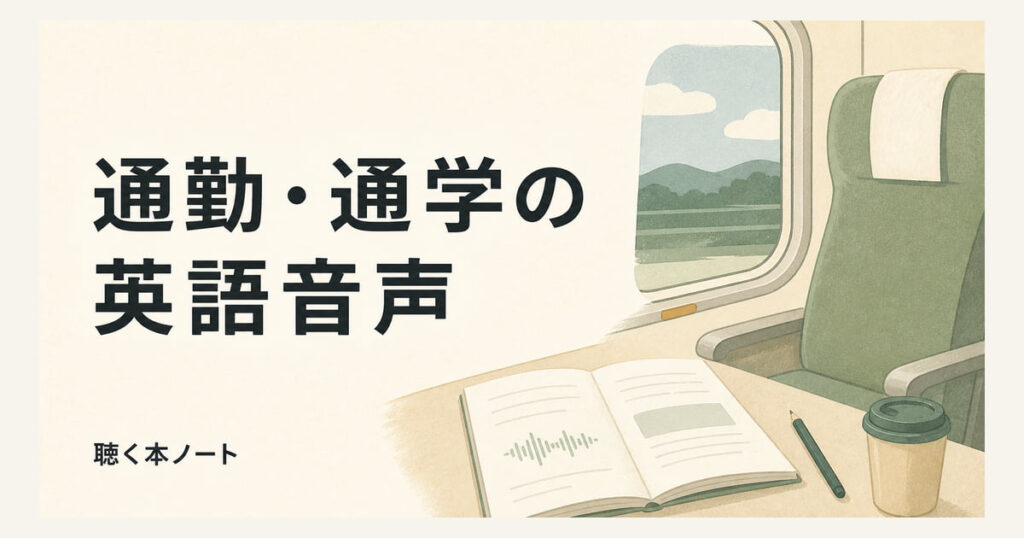 通勤・通学の英語音声。電車の窓辺に開いた本と音声の波形を描いたイラスト。