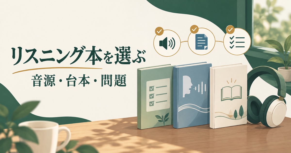 英語リスニング本を音源、台本、問題の三つのチェック項目で選ぶ様子を表したイラスト