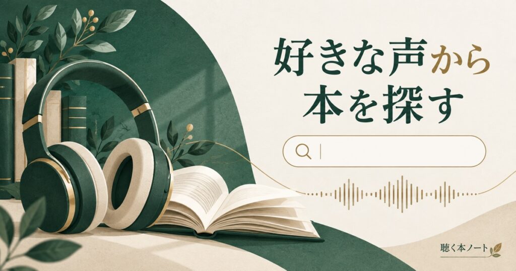 ヘッドホンと検索欄、声の波形を描いた、好きな声からオーディオブックを探す記事のアイキャッチ