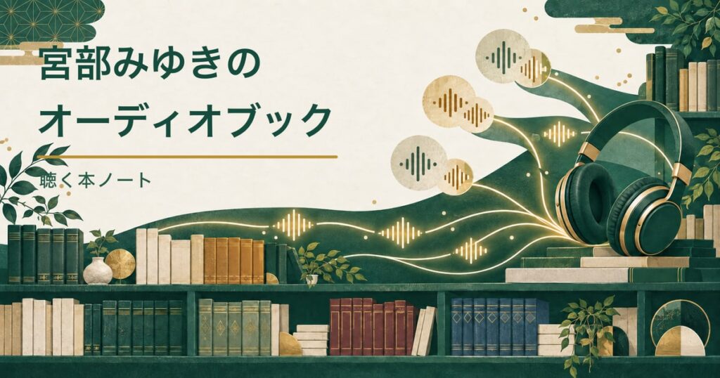 無地の本が並ぶ本棚と音の道筋を描いた、宮部みゆきさんのオーディオブック一覧記事のアイキャッチ