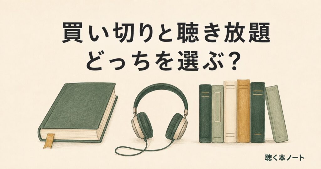 単品の本と複数の本、ヘッドホンを描いた、買い切りと聴き放題の選び方のイラスト。