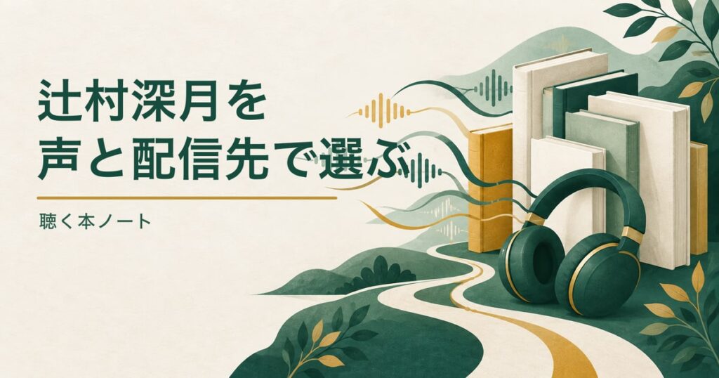 無地の本と音の波形が並ぶ、辻村深月さんのオーディオブック一覧記事のアイキャッチ