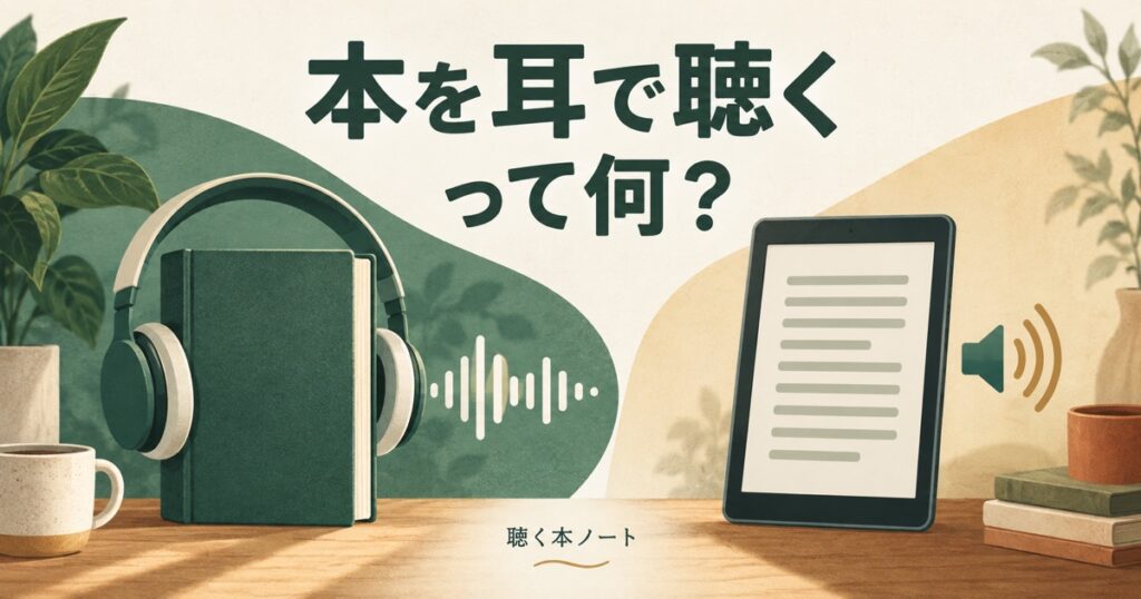 音声作品と電子書籍の読み上げを本と音声波形で比べたイラスト