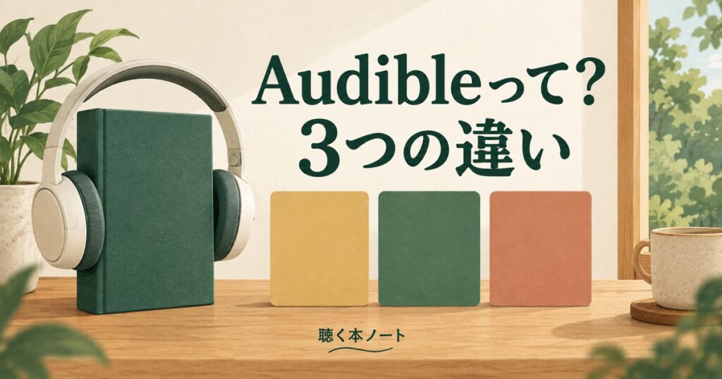 本とヘッドホンと3つのカードでAudibleとAmazon PrimeやAmazon Musicの違いを表したイラスト