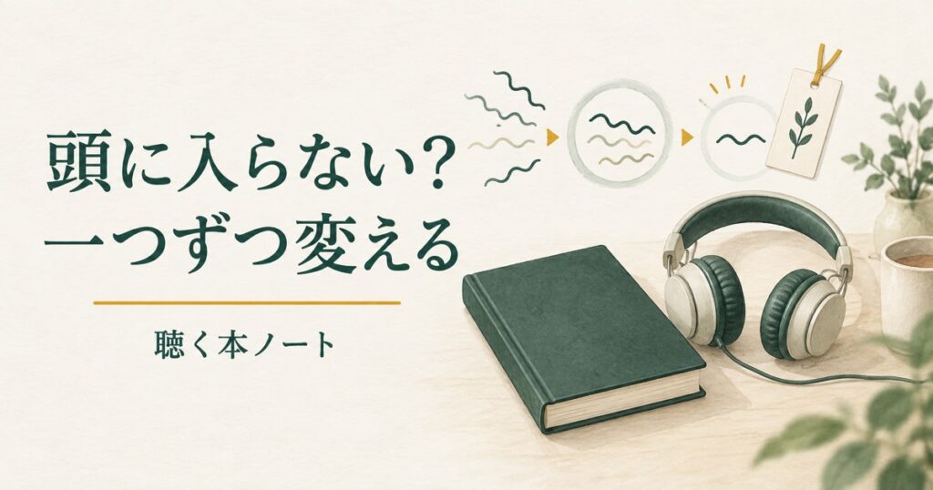 ばらばらの音の線が一つにまとまる様子と、本、ヘッドホン、しおりを描いたイラスト