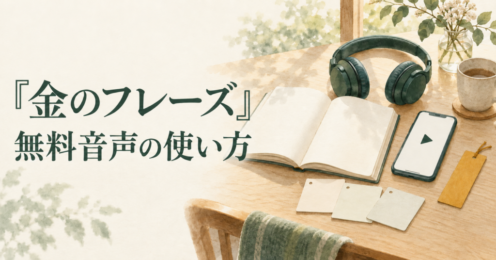 『金のフレーズ』と「無料音声の使い方」の文字、開いた本、ヘッドホン、スマートフォン、単語カード