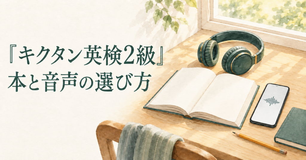 『キクタン英検2級』と「本と音声の選び方」の文字、開いた本、ヘッドホン、音声波形を表示したスマートフォン