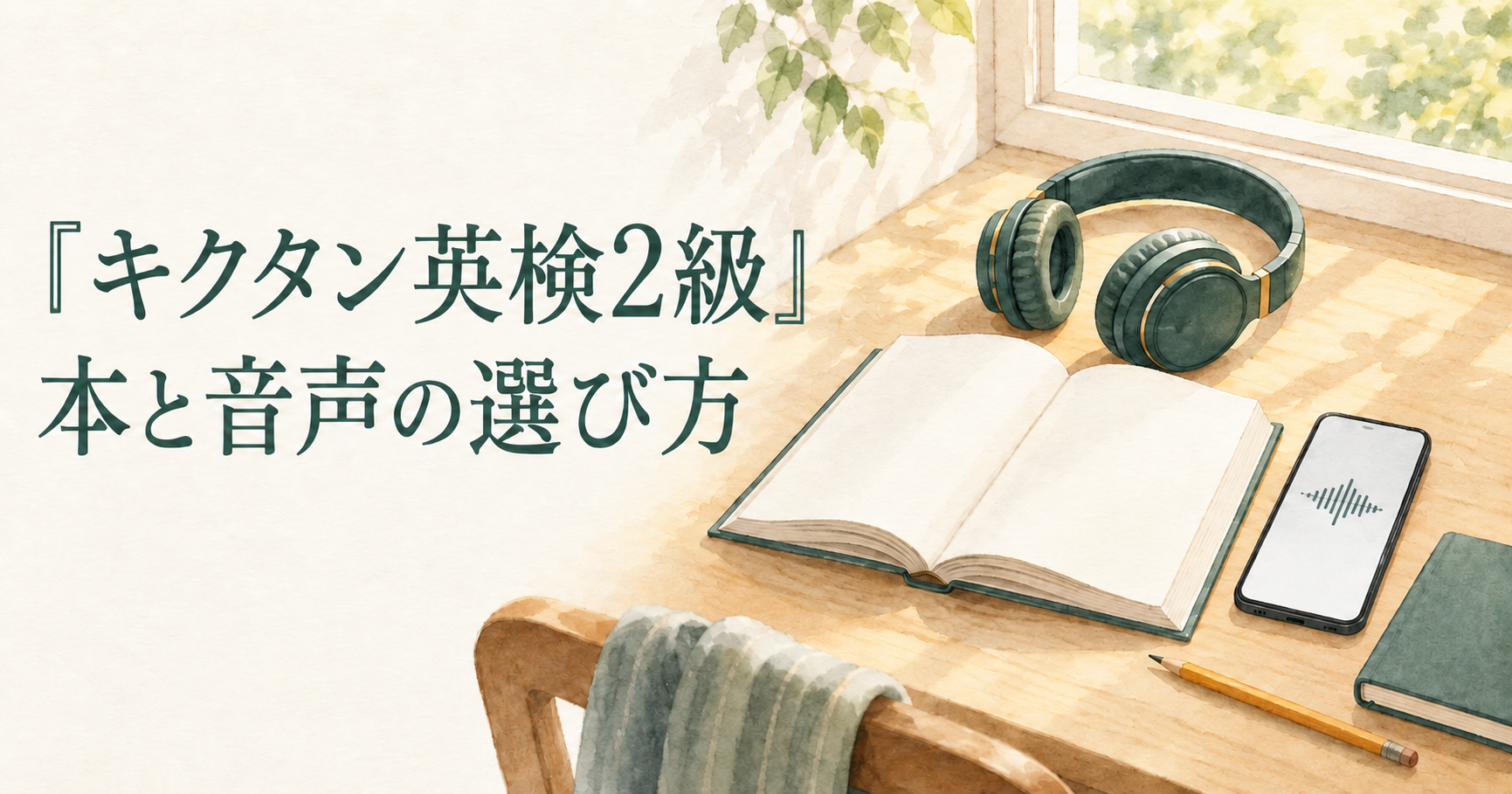 『キクタン英検2級』と「本と音声の選び方」の文字、開いた本、ヘッドホン、音声波形を表示したスマートフォン
