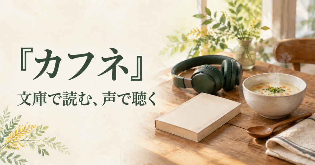 『カフネ』と「文庫で読む、声で聴く」の文字、テーブル上の本、ヘッドホン、スープ