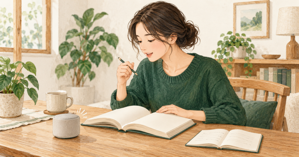 本の説明を見ながら、スピーカーの音声に合わせて発音を練習する大人の水彩画。