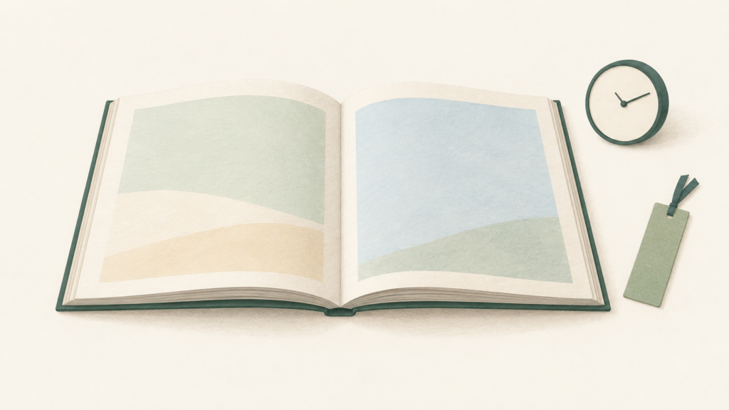 開いた絵本に時計としおりを添えた、読み聞かせ準備のイラスト