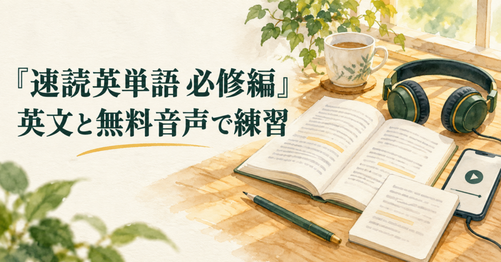 『速読英単語 必修編』、英文と無料音声で練習。開いた本と解説冊子、ヘッドホンを置いた机。