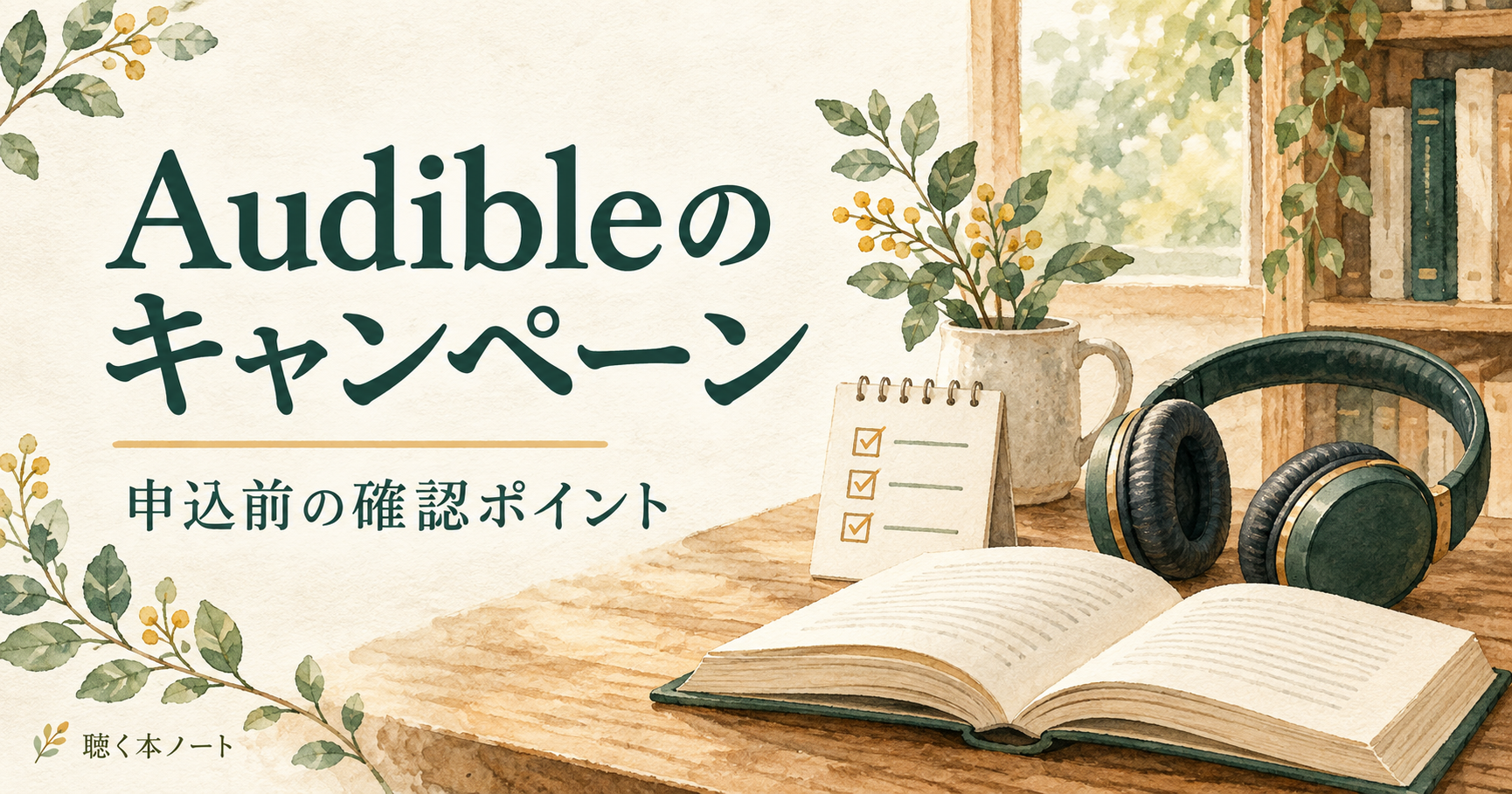 Audibleのキャンペーンの申込条件を確認する、本とヘッドホンのイラスト
