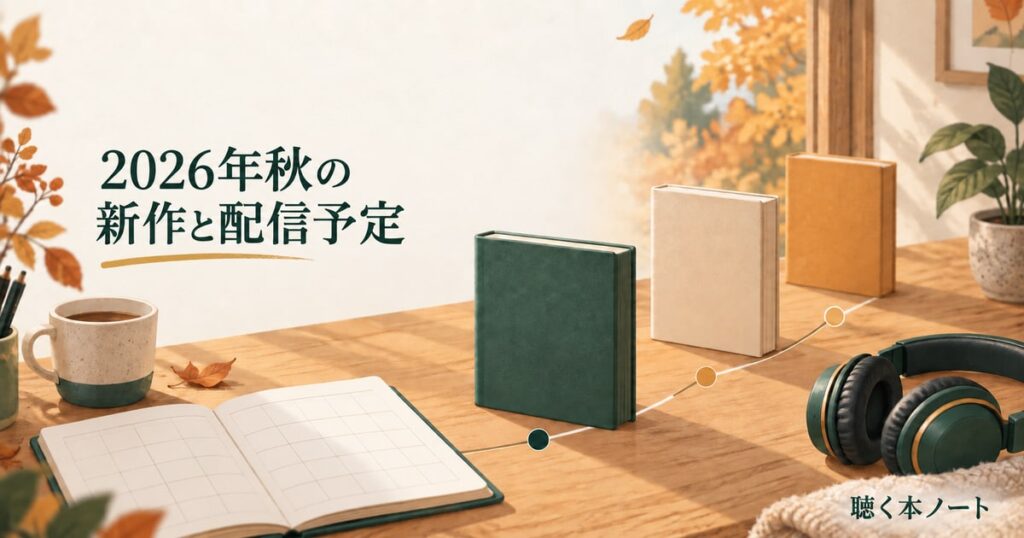 カレンダーと本とヘッドホンでAudibleの新着作品と配信予定を表したイラスト