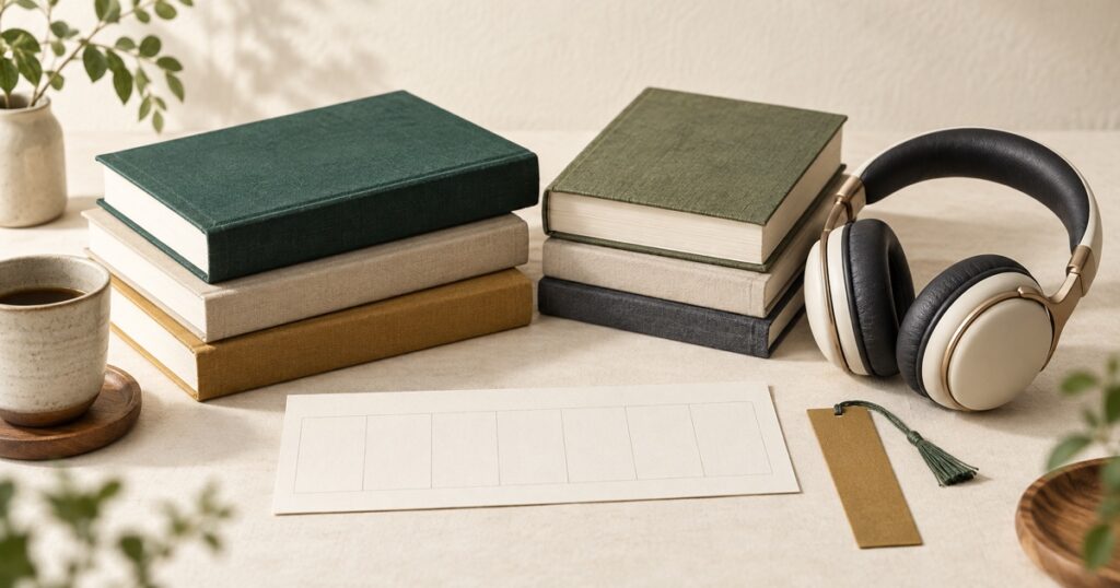 無地の本とヘッドホンを置いた読書用の机