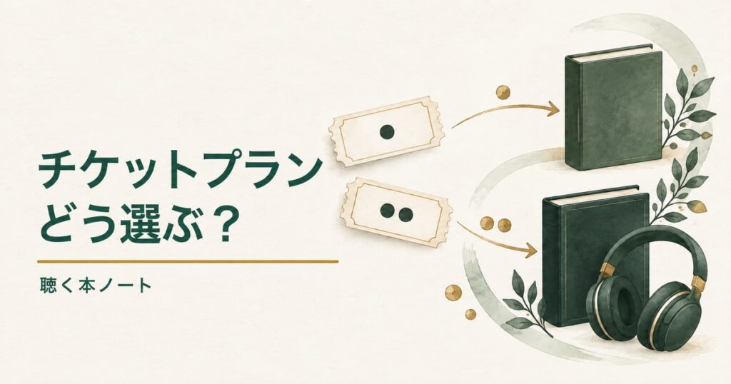 1冊と2冊の本に交換するチケットとヘッドホンでaudiobook.jpのチケットプランを表したイラスト