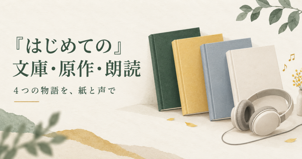 4冊の無地の本とヘッドホンを並べた、『はじめての』の文庫・原作・朗読を比較する記事のアイキャッチ