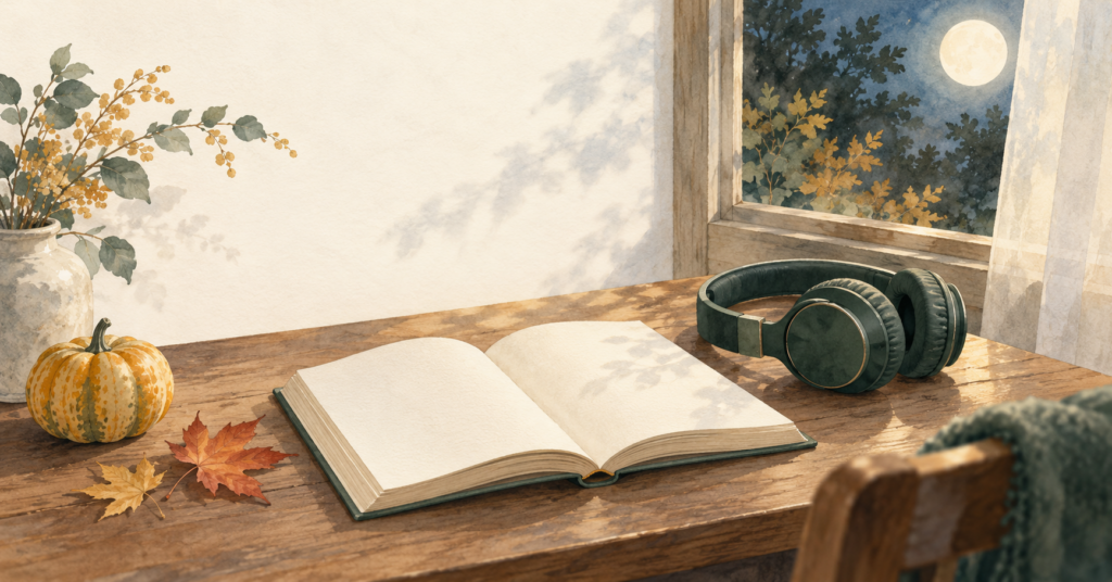 開いた本と緑のヘッドホン、小さなかぼちゃと紅葉を描いた秋の読書のイラスト。