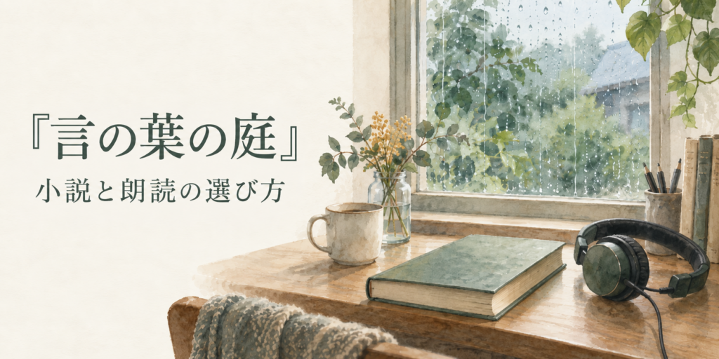 雨の窓辺に置かれた本とヘッドホン。『言の葉の庭』、小説と朗読の選び方。