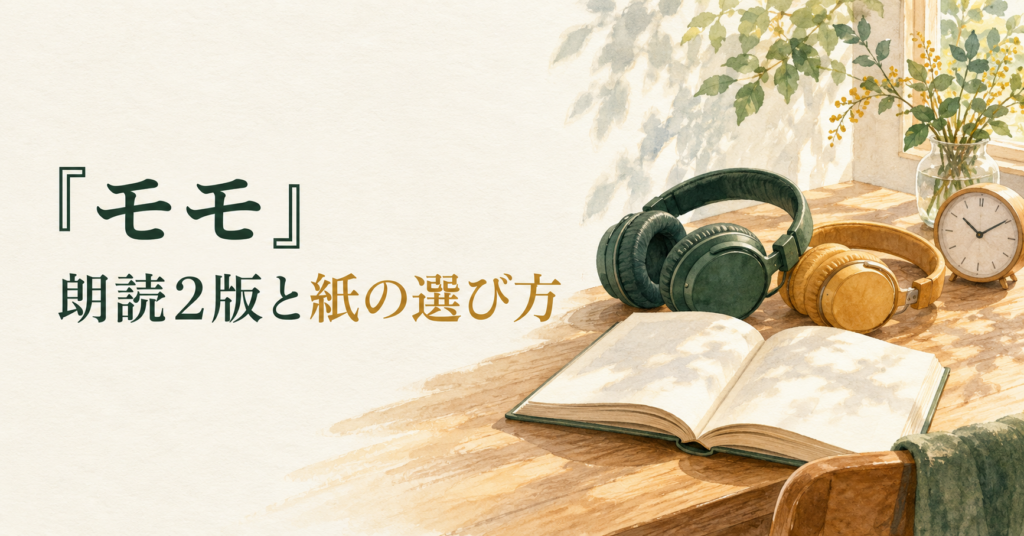 『モモ』の朗読2版と紙の選び方を、2つのヘッドホン・本・時計で表したイラスト
