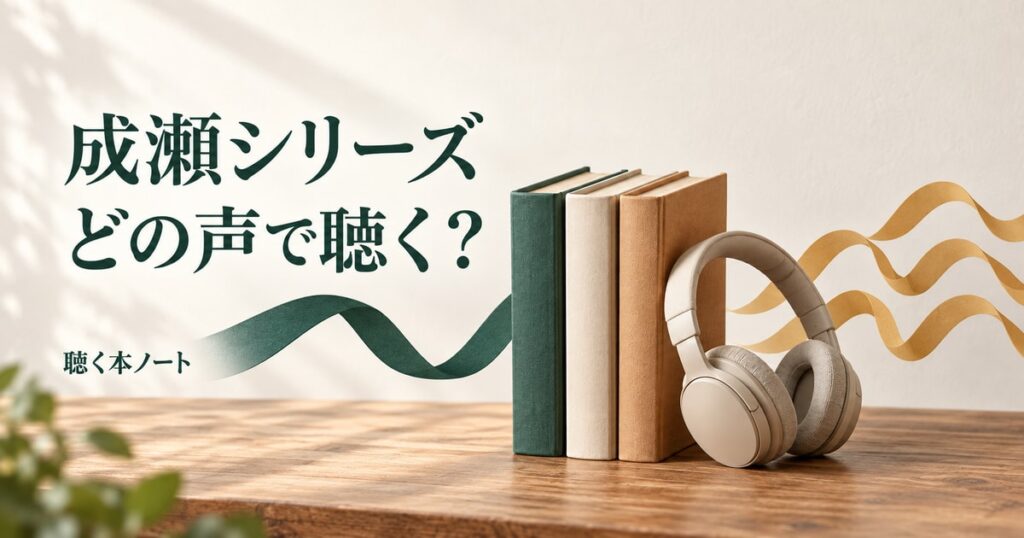 成瀬シリーズ3冊と、1人朗読・複数キャストの2種類の声を表す本とヘッドホン。見出しは「成瀬シリーズ」「どの声で聴く?」。