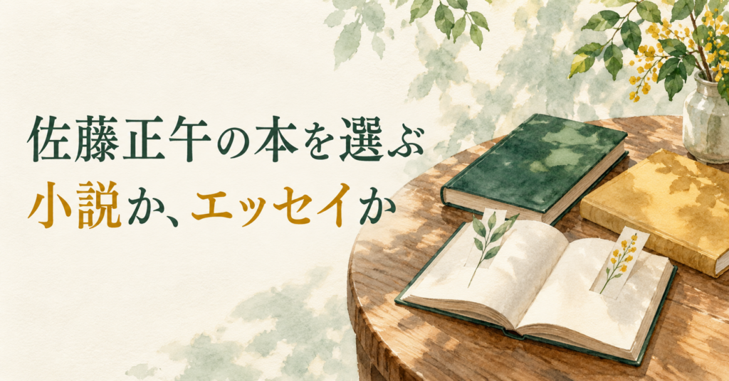 佐藤正午の本を小説かエッセイかで選ぶことを、3冊の無地の本と植物のしおりで表したイラスト