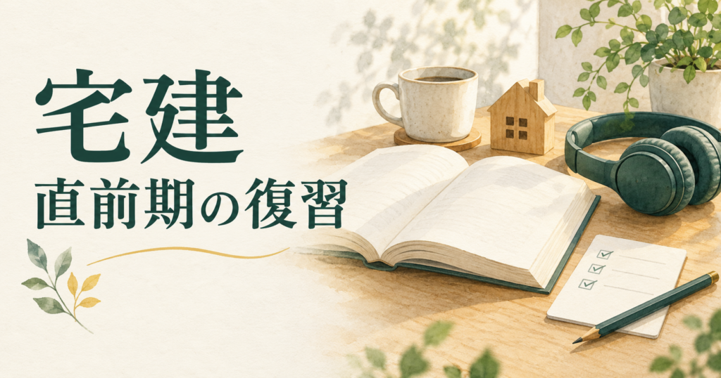 「宅建 直前期の復習」の見出しと、開いた本、ヘッドホン、家の模型を並べたイラスト