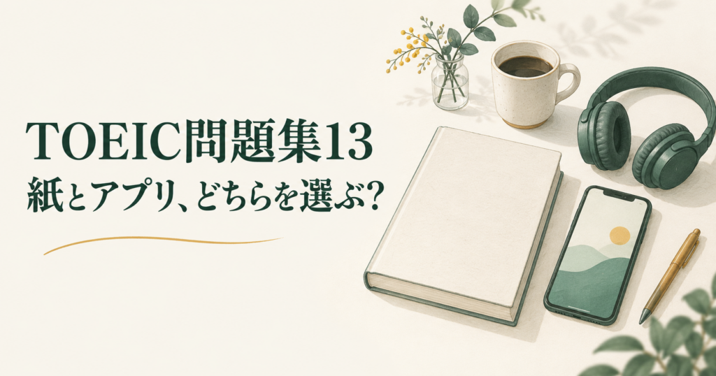 『公式TOEIC Listening & Reading 問題集 13』の紙の教材とスマホアプリ、無料音声学習と有料教材の違いを表現したイメージ